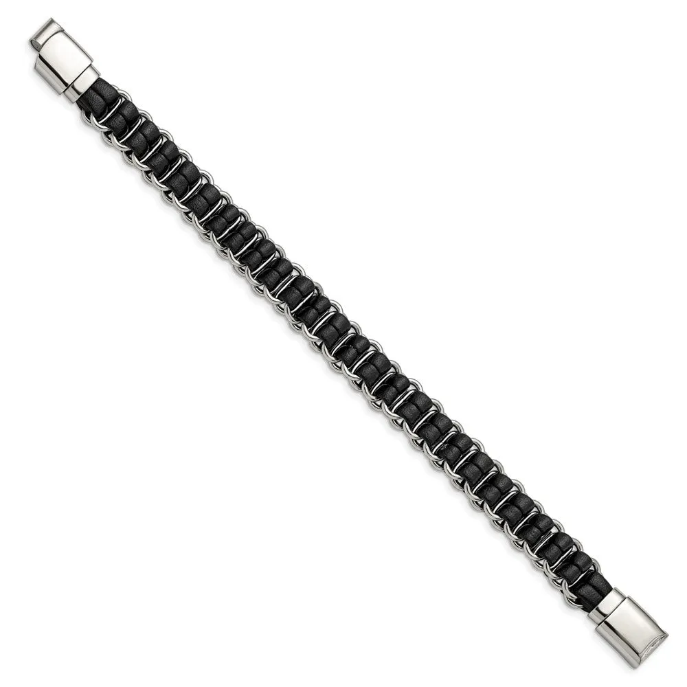 8.5 Inch Stainless Steel & Black Leather Woven Dbl Link Bracelet