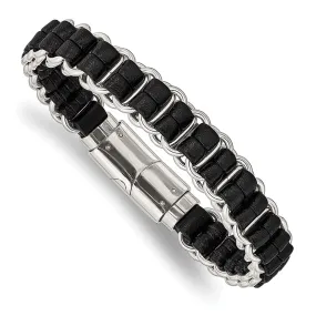 8.5 Inch Stainless Steel & Black Leather Woven Dbl Link Bracelet