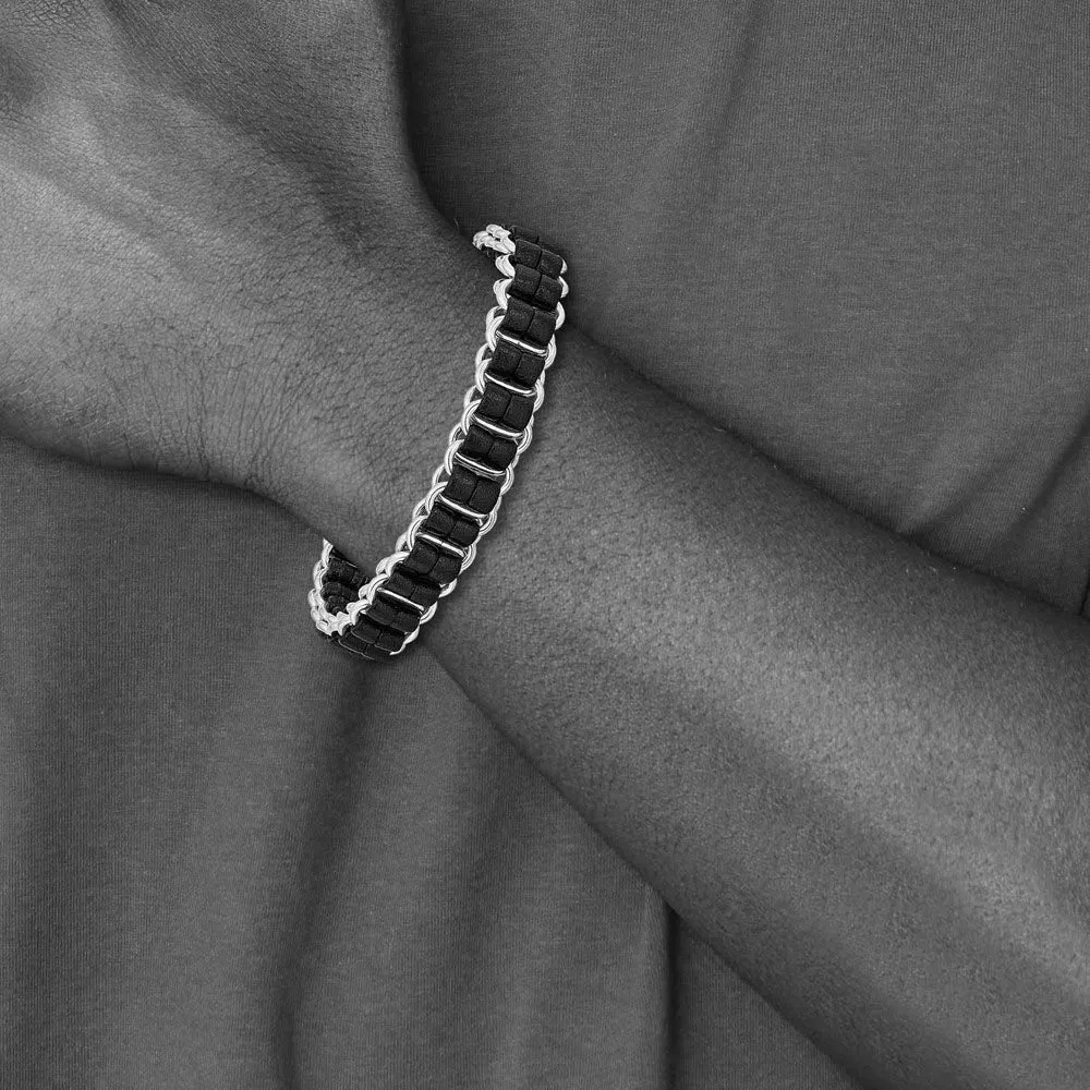 8.5 Inch Stainless Steel & Black Leather Woven Dbl Link Bracelet