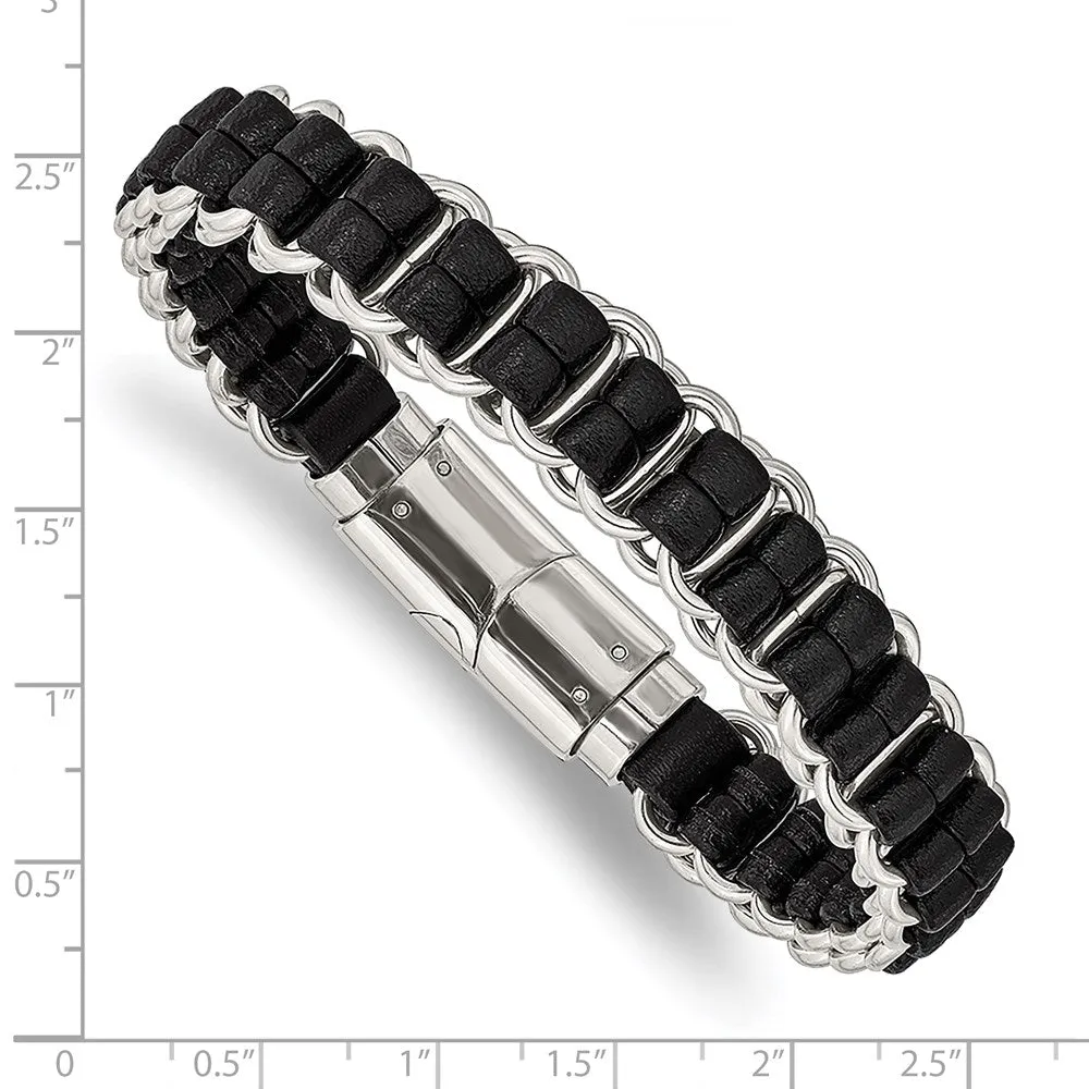 8.5 Inch Stainless Steel & Black Leather Woven Dbl Link Bracelet