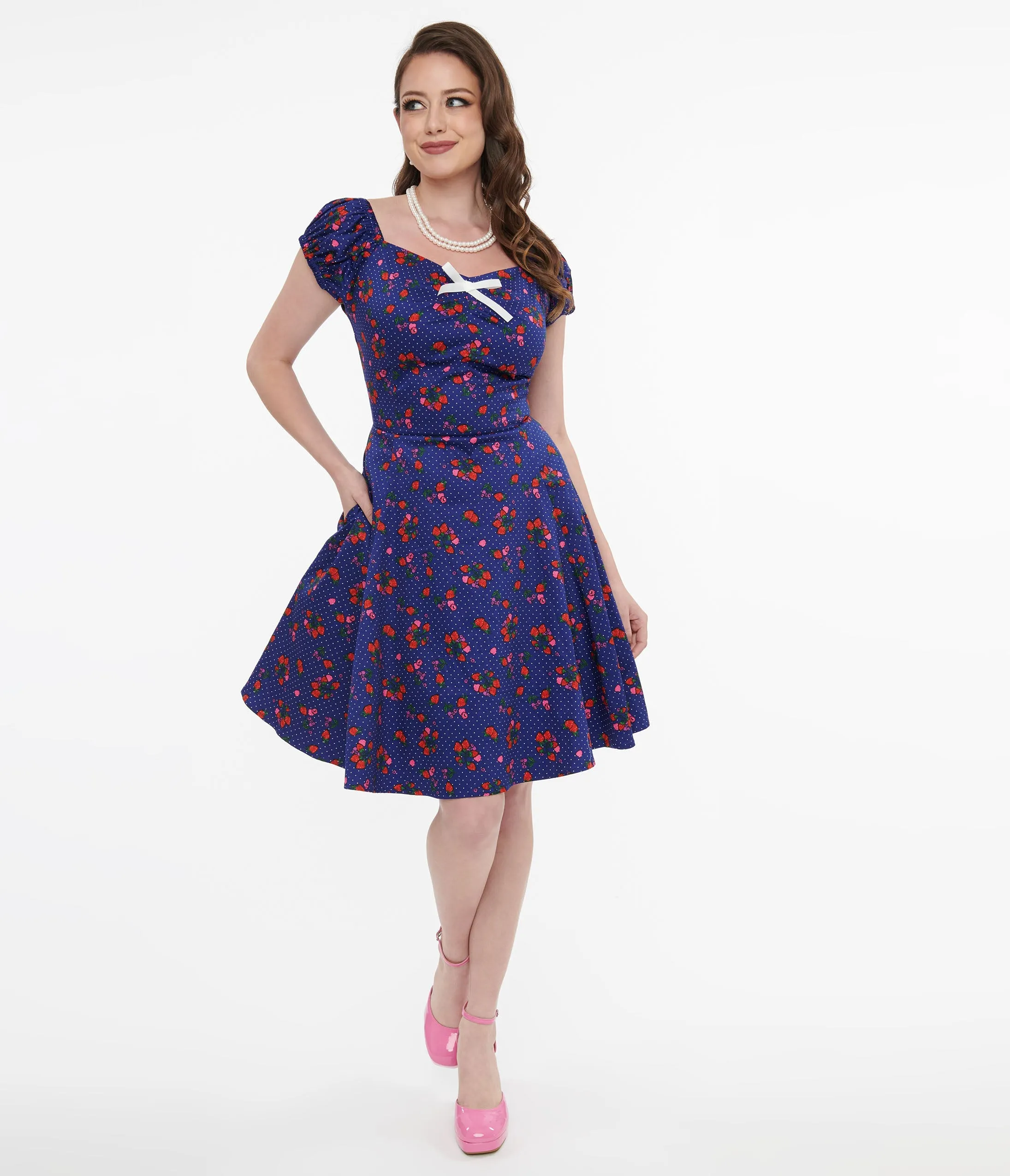 1950s Collectif Dolores Mini Dress Blue & Mixed Berries Print