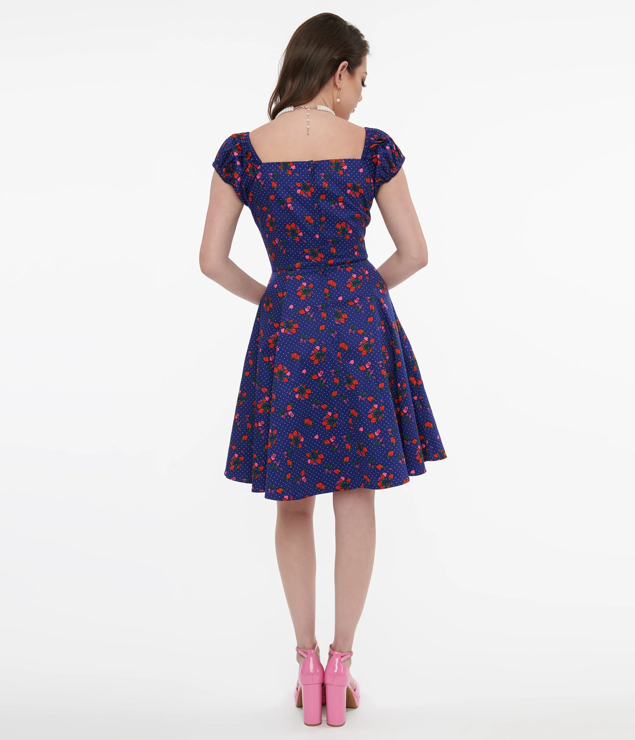 1950s Collectif Dolores Mini Dress Blue & Mixed Berries Print