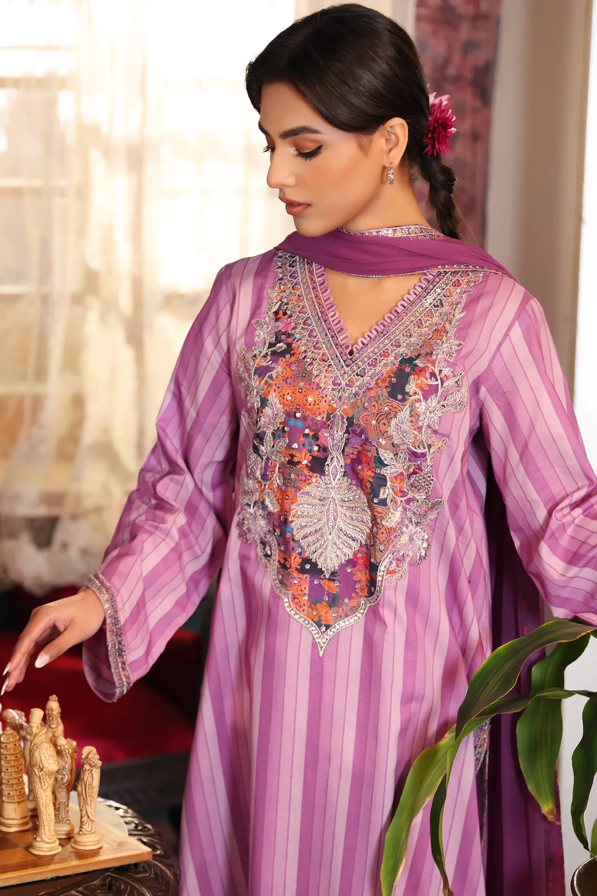 3 Piece Unstitched Embroidered Lawn Shirt with Chiffon Dupatta and Trouser CS4-02