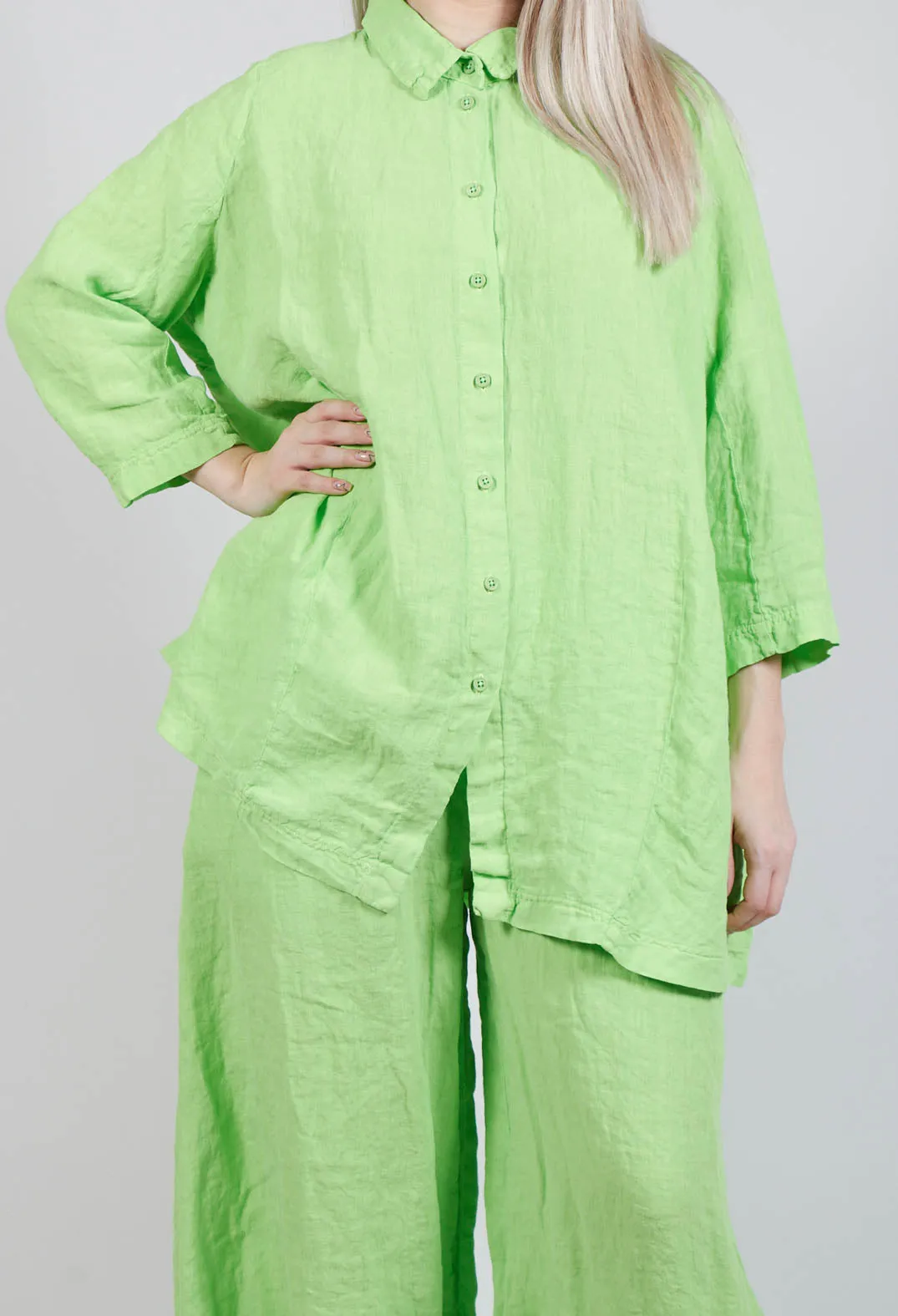 Cropped Sleeve Linen Shirt - Lime