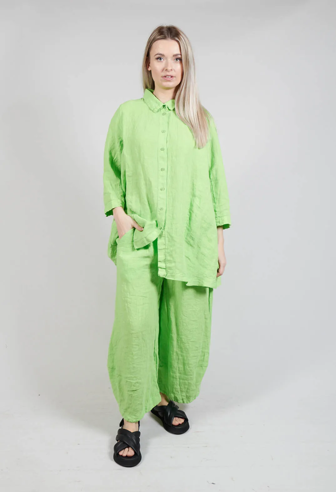 Cropped Sleeve Linen Shirt - Lime