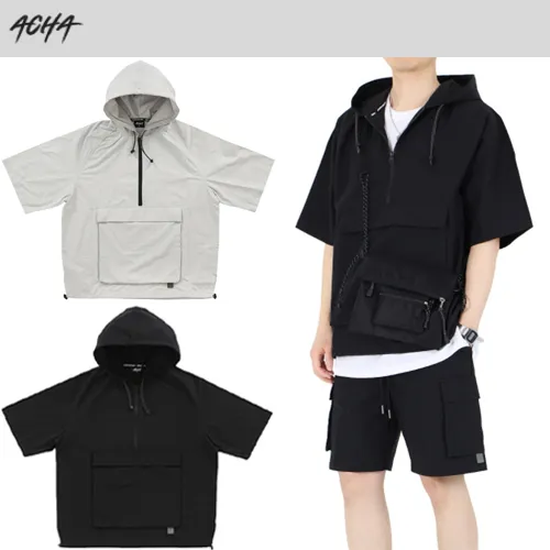 ACHA  |Unisex Street Style Short Sleeves Logo Hoodies