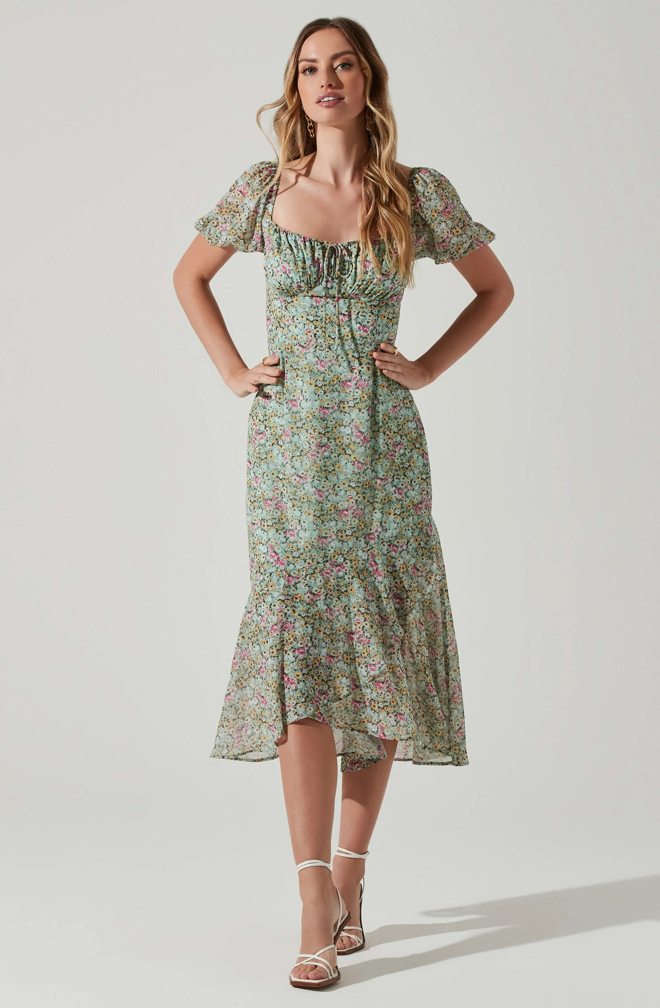 Floral Puff Sleeve Midi Dress Aida