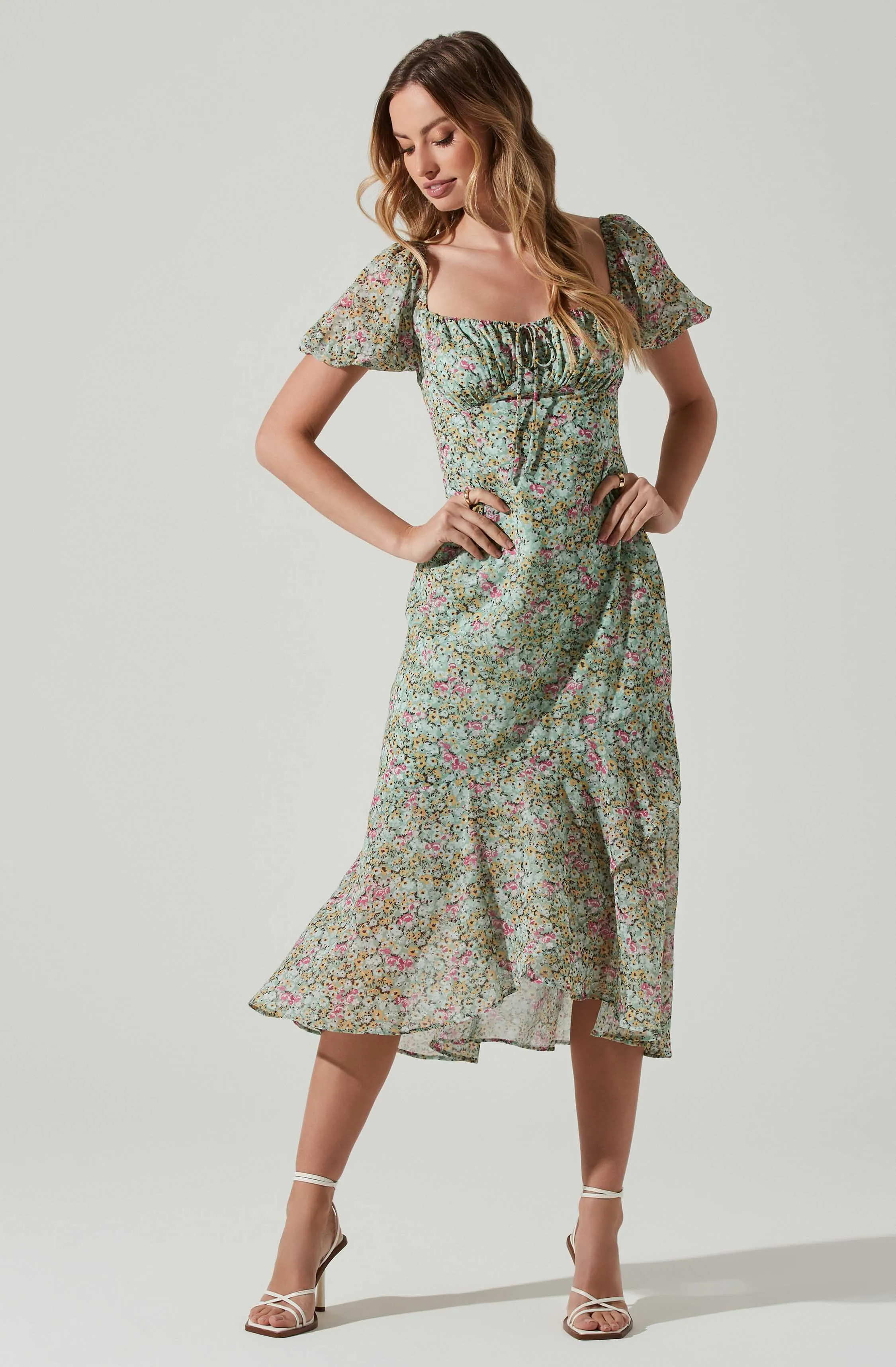 Floral Puff Sleeve Midi Dress Aida