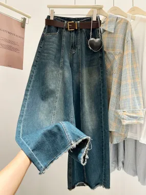 American retro dark blue jeans women's summer washed distressed raw edge high-waisted straight wide-leg pants floor-length trous