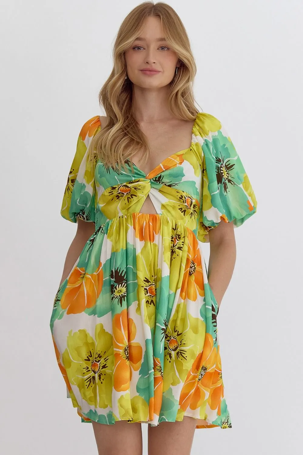 Ana Floral Bubble Sleeve Front Cut Out Mini Dress