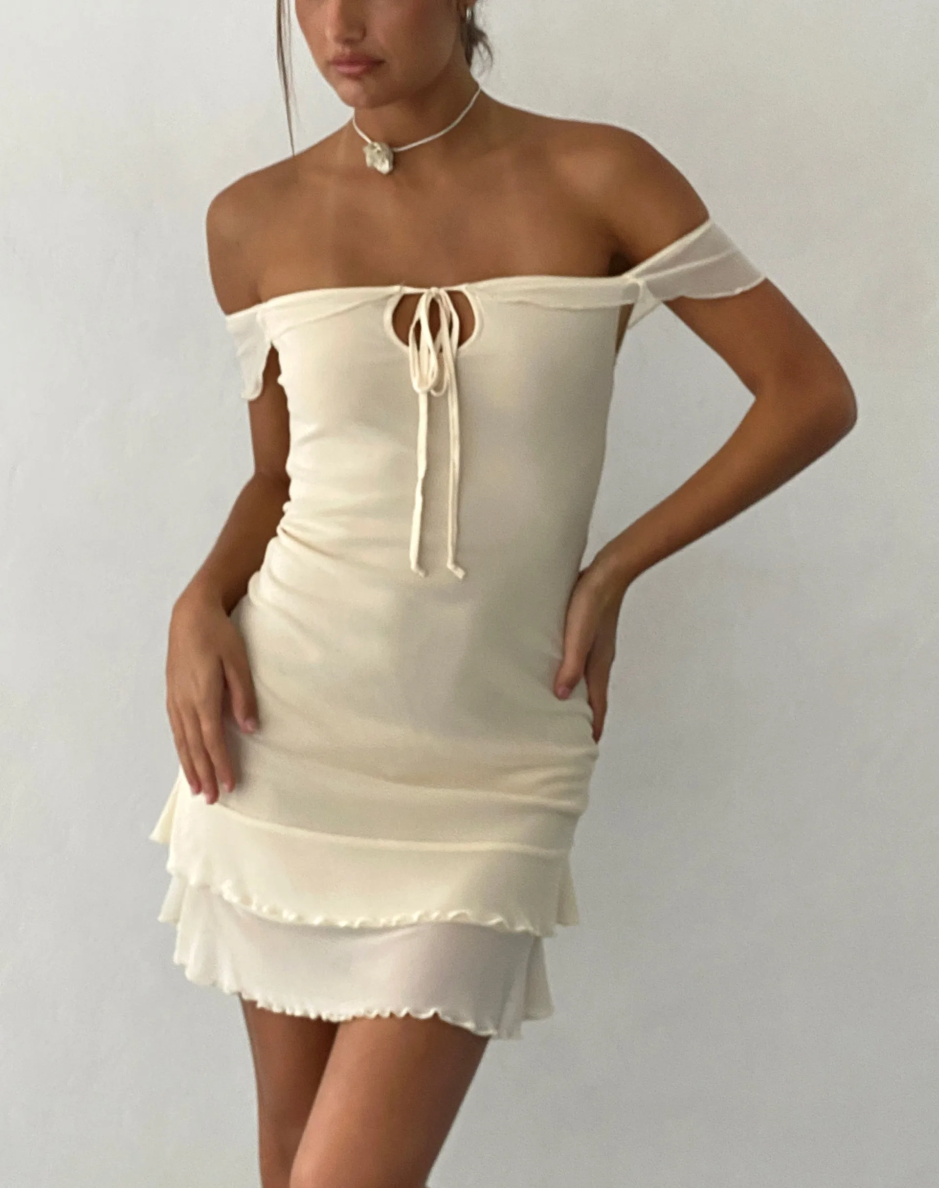 Bardot Mini Dress in Ivory Mesh