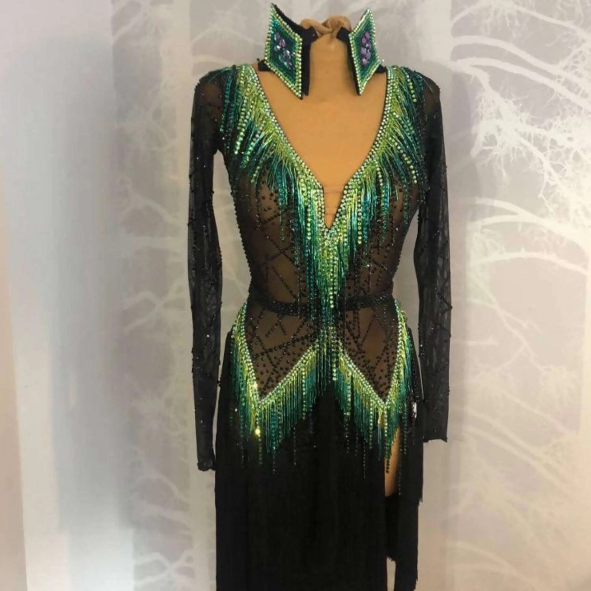 Black and Green Latin Dress with Fringe