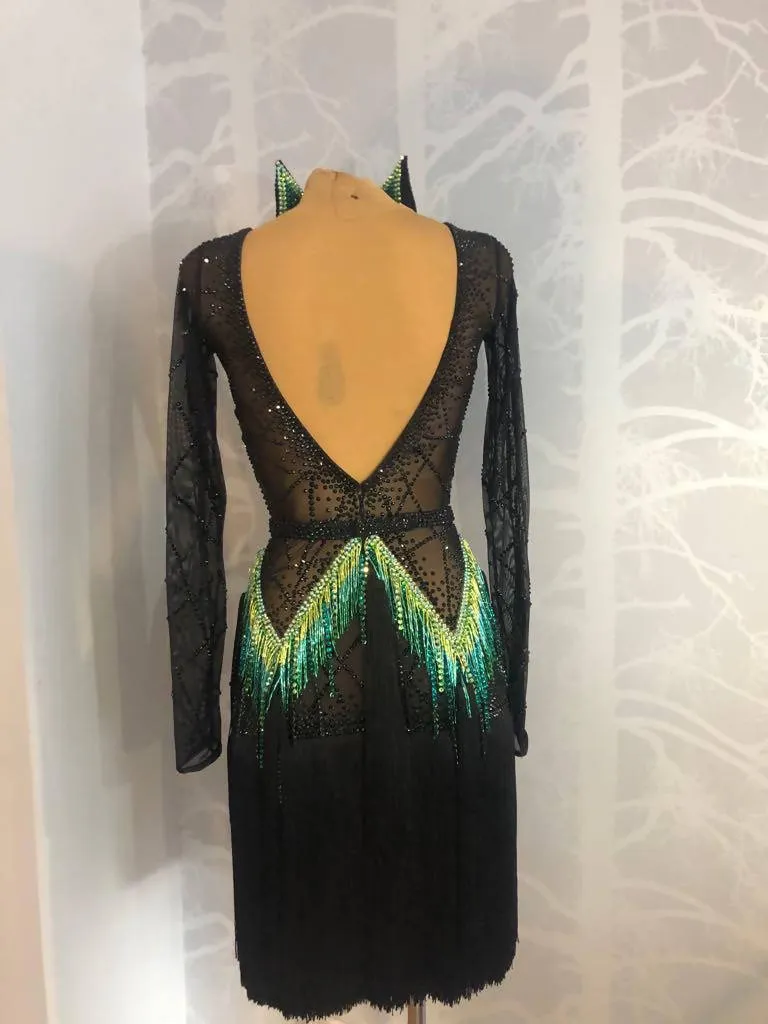 Black and Green Latin Dress with Fringe