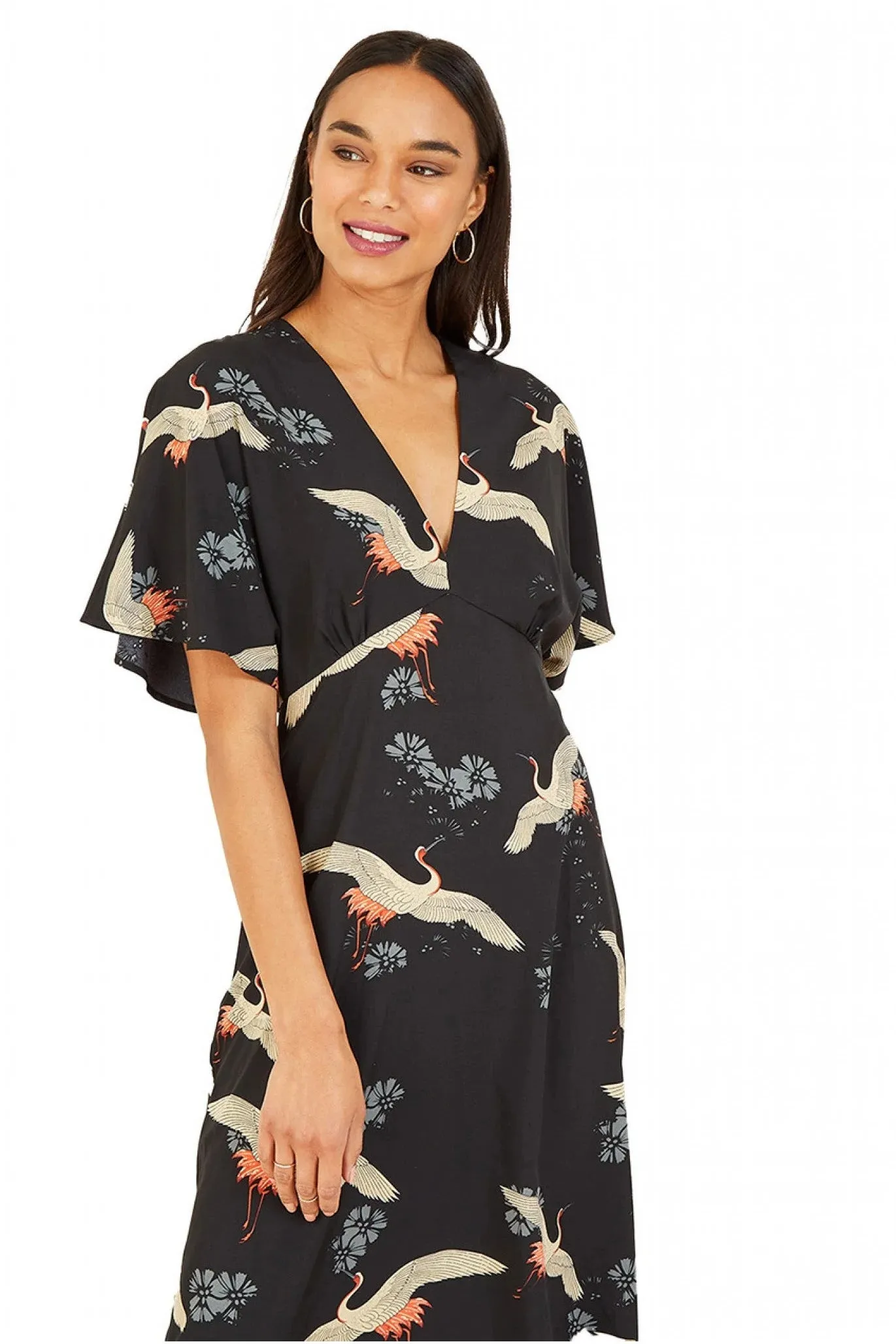 Yumi Black Crane Print Dress