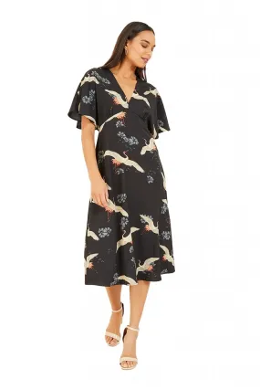 Yumi Black Crane Print Dress