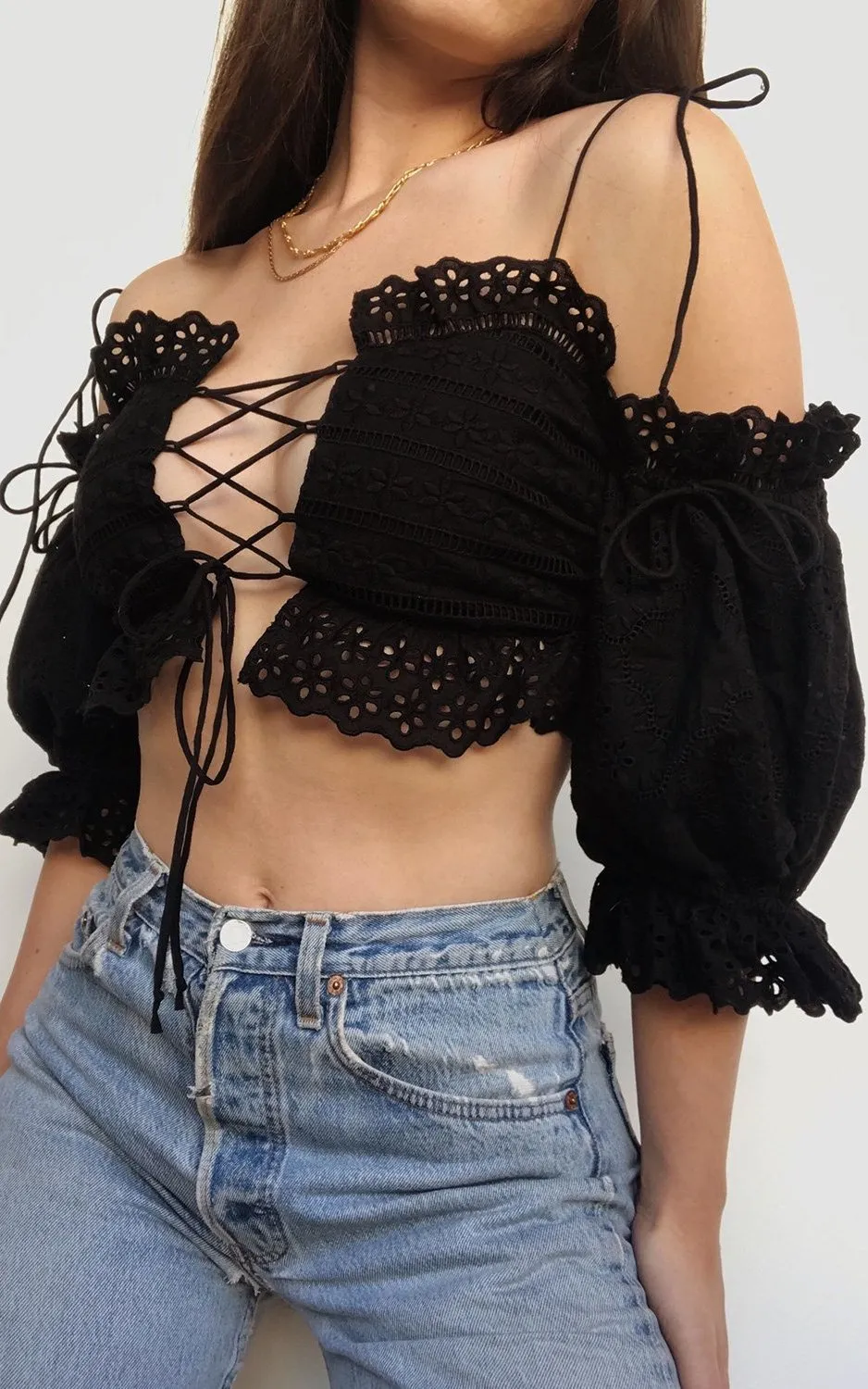 Black Anabelle Eyelet Crop Top