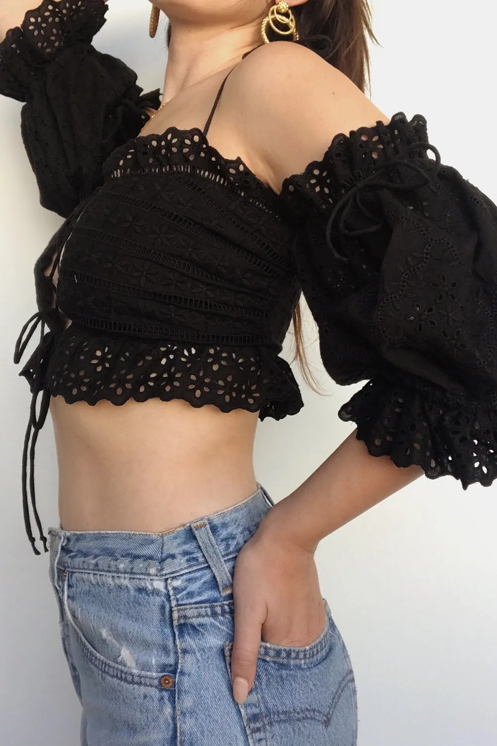 Black Anabelle Eyelet Crop Top