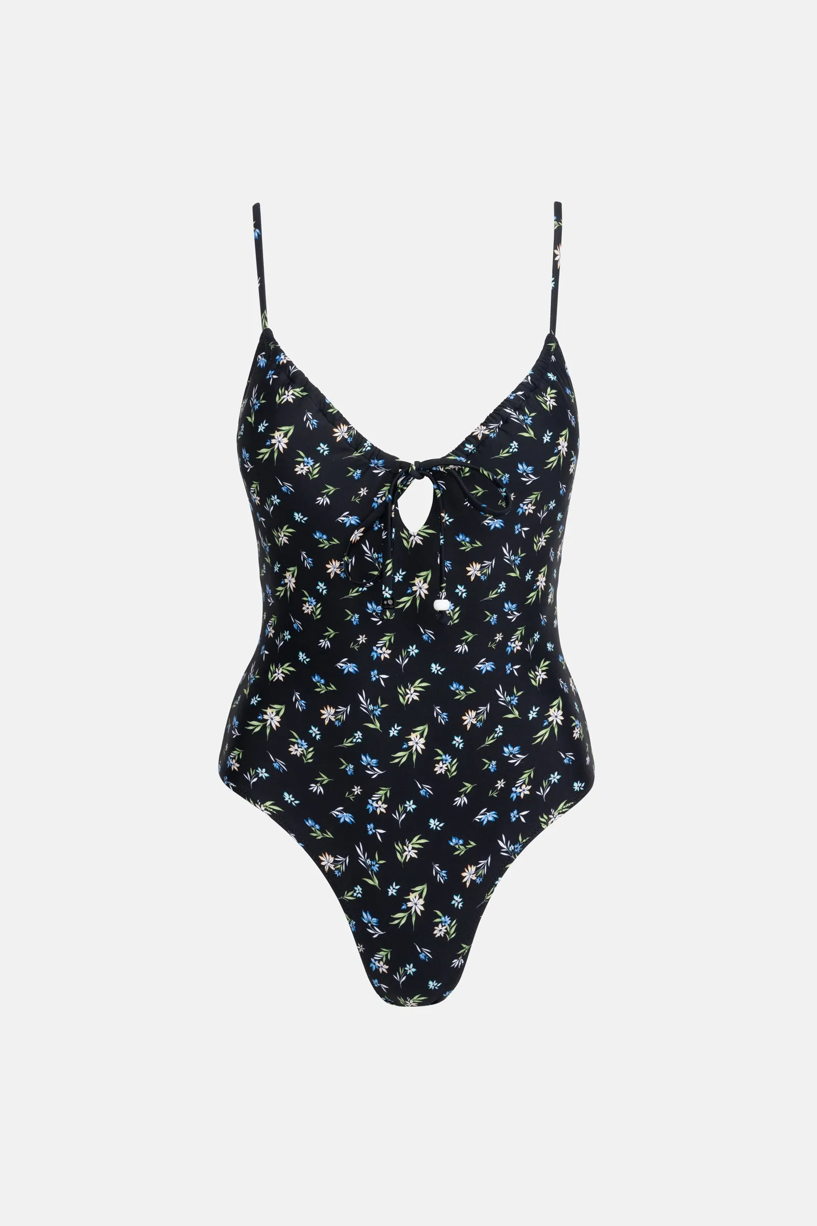 Black Flower Print Tie Front Swimsuit