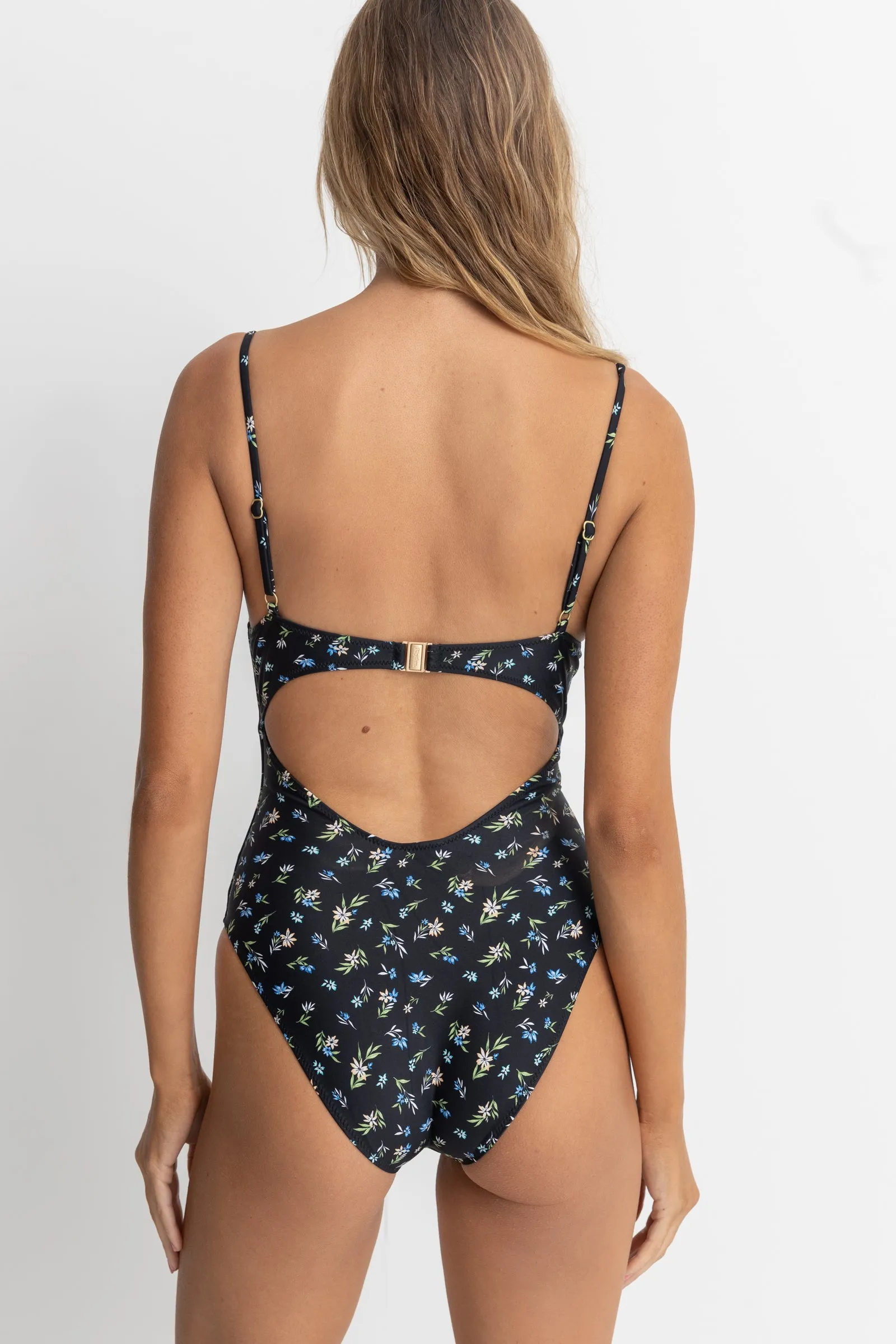 Black Flower Print Tie Front Swimsuit