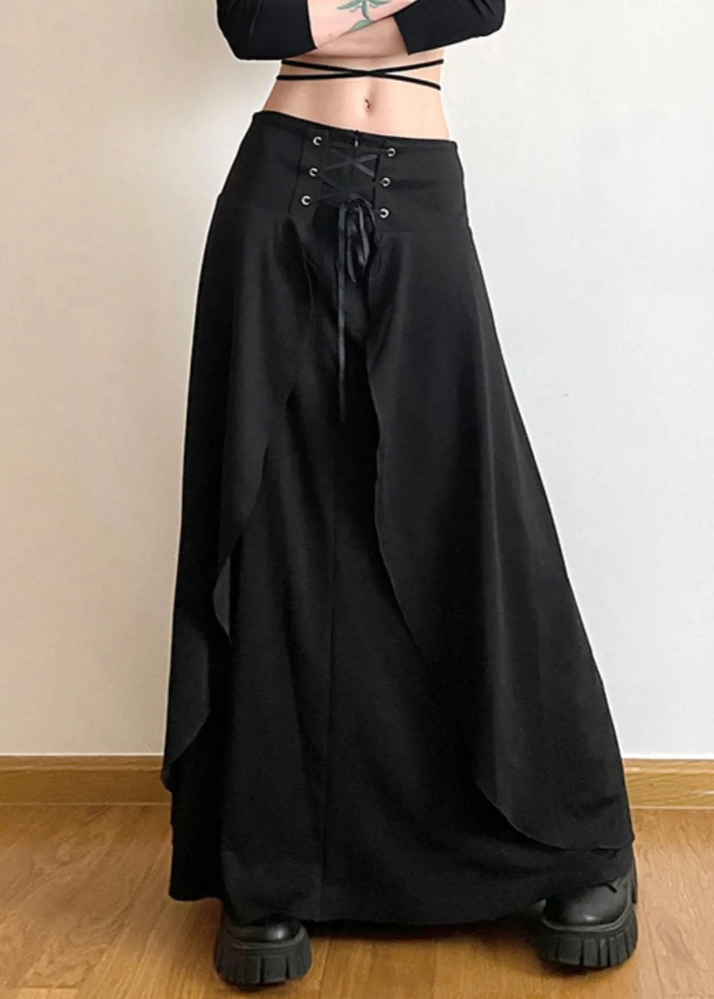 Black Lace Up High Waist Cotton Skirt