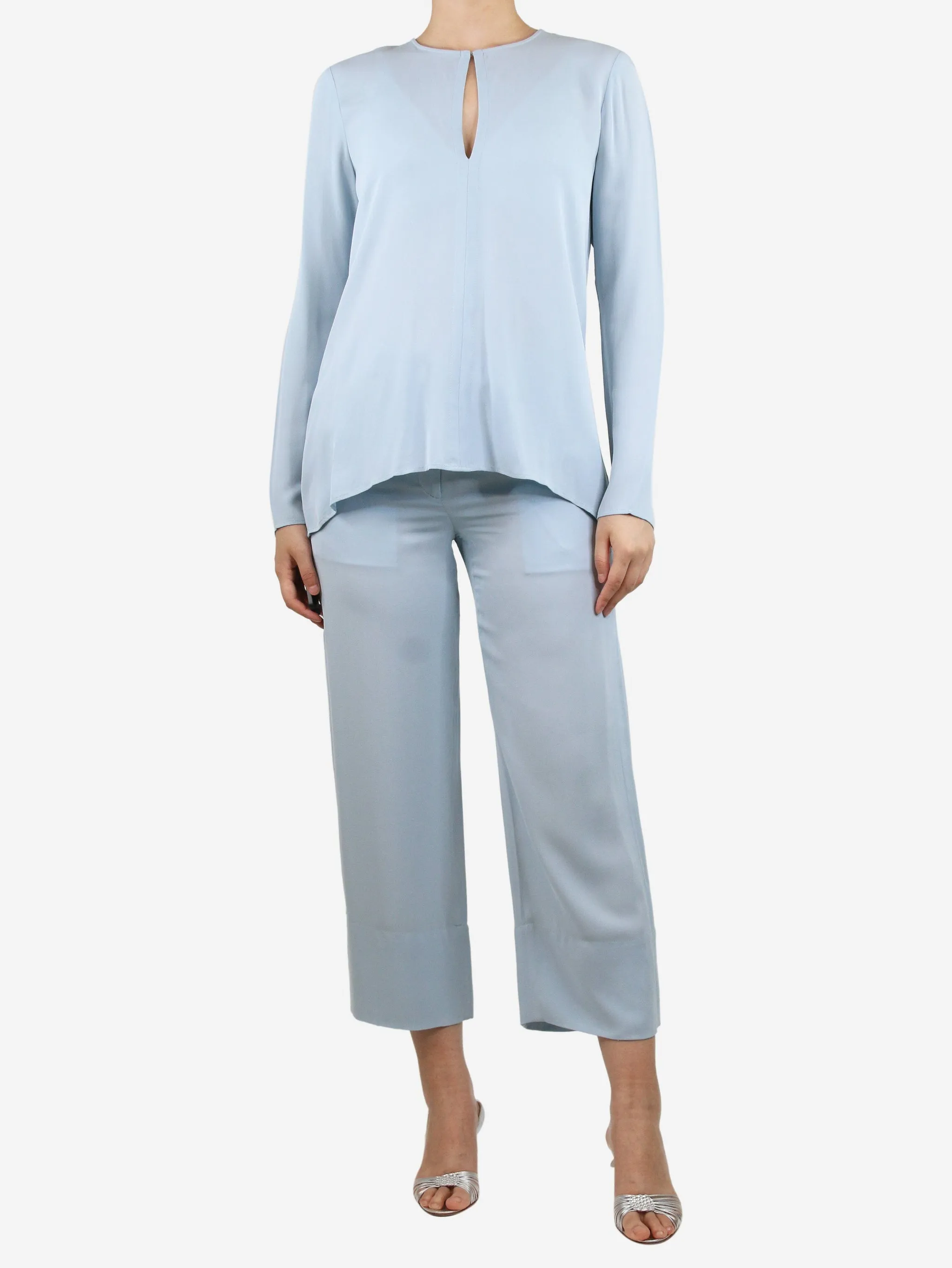 Blue Silk Top and Wide-Leg Trousers Set