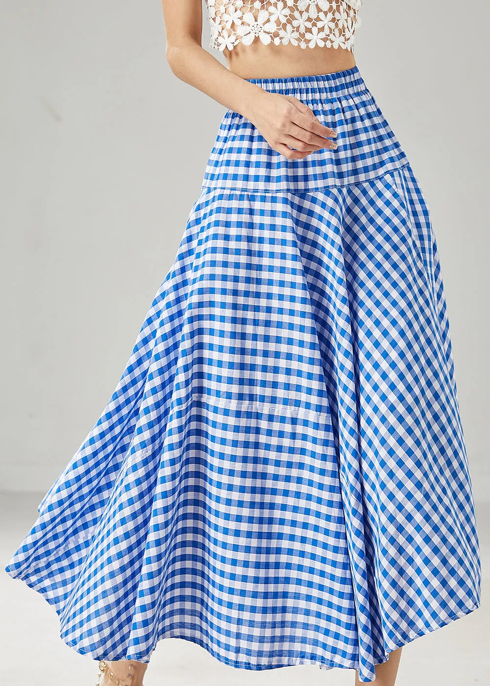 Boho Blue Plaid Extra Large Hem Cotton Skirts Summer