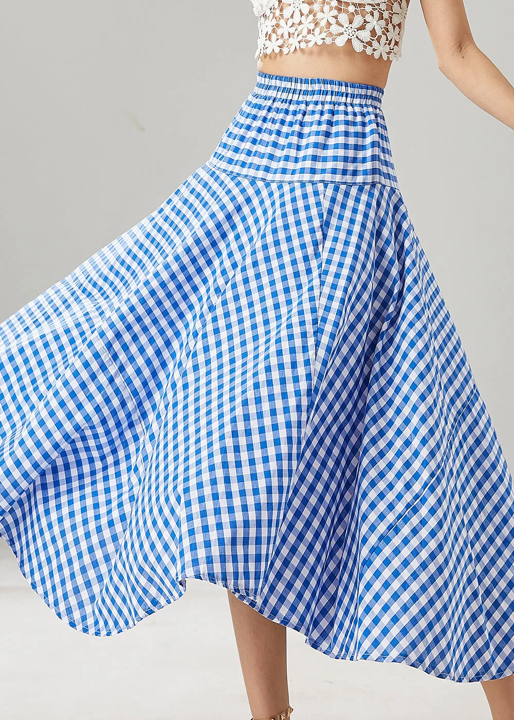 Boho Blue Plaid Extra Large Hem Cotton Skirts Summer