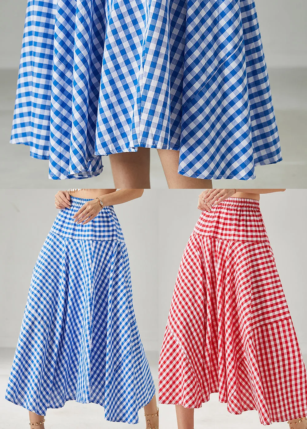 Boho Blue Plaid Extra Large Hem Cotton Skirts Summer