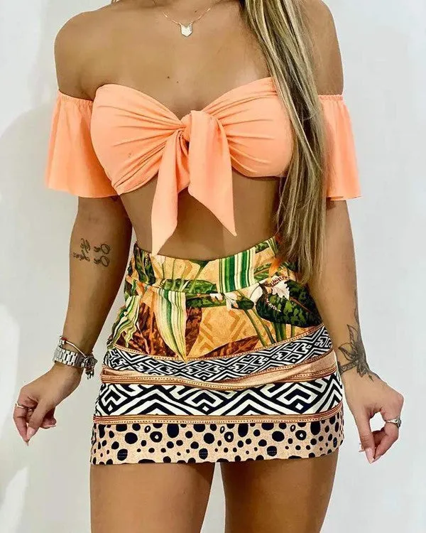 Tie Front Tropical Print Top with Colorblock Skirt