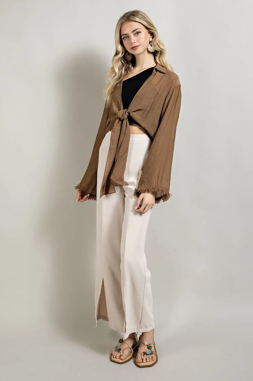 Chic Bolero with Fringe Sleeves and Front Tie