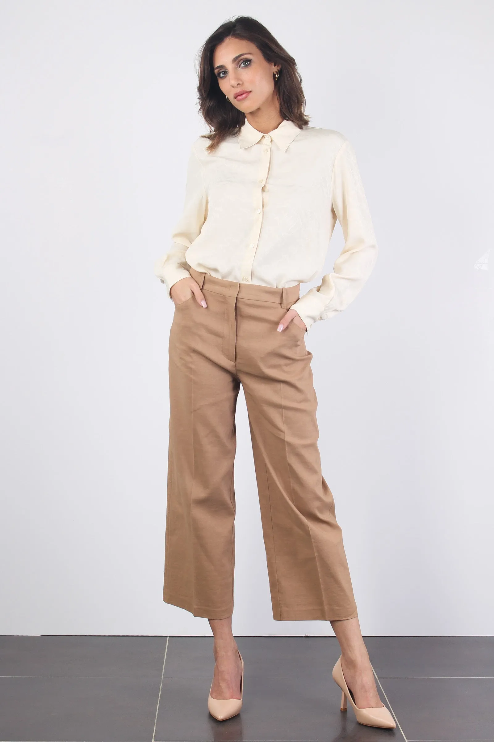 Brown Linen Cropped Pants