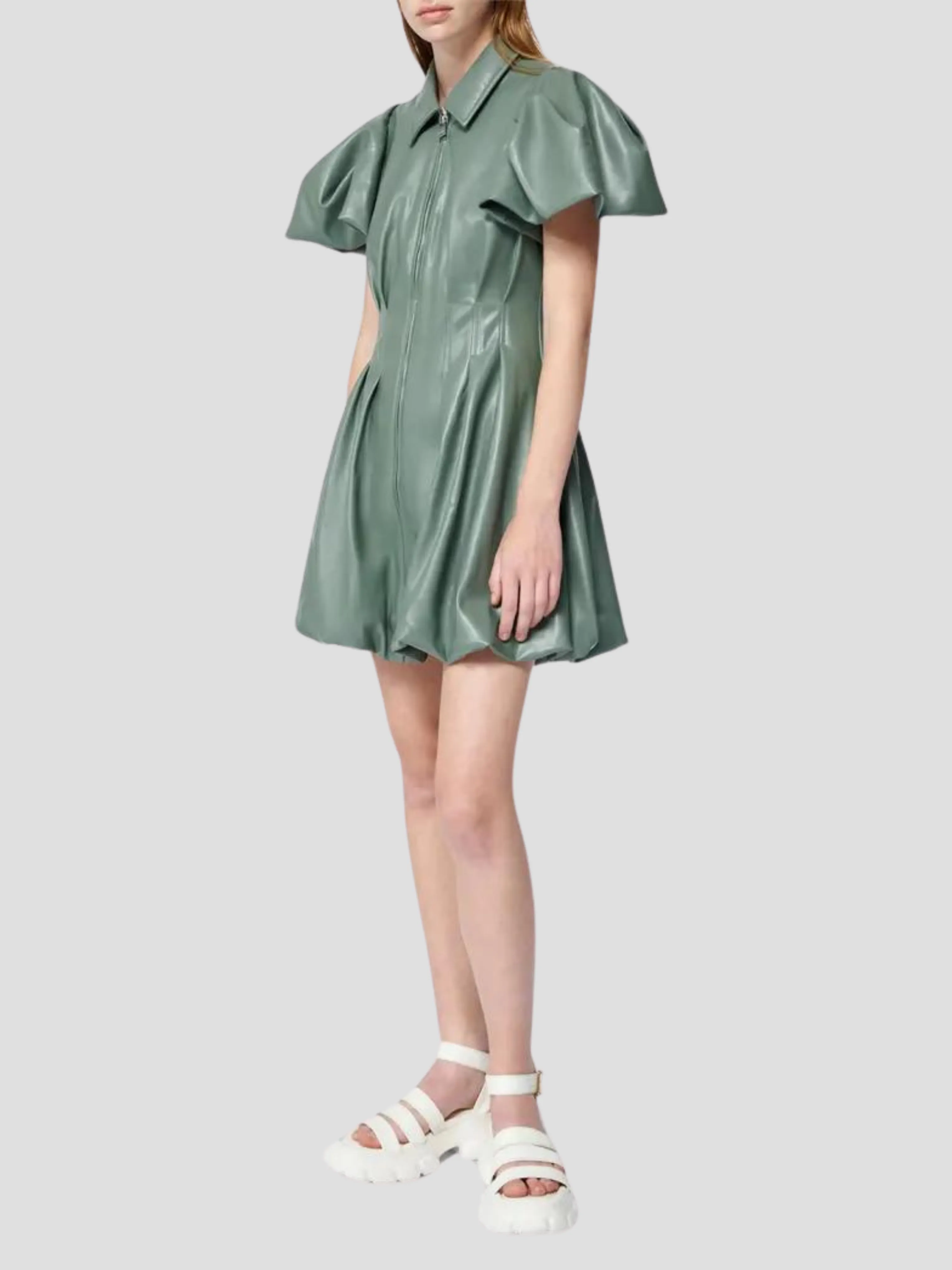 Trendy Callista Vegan Leather Mini Dress with Puff Sleeves