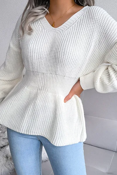 Casual Patchwork Flounce V Neck Sweaters