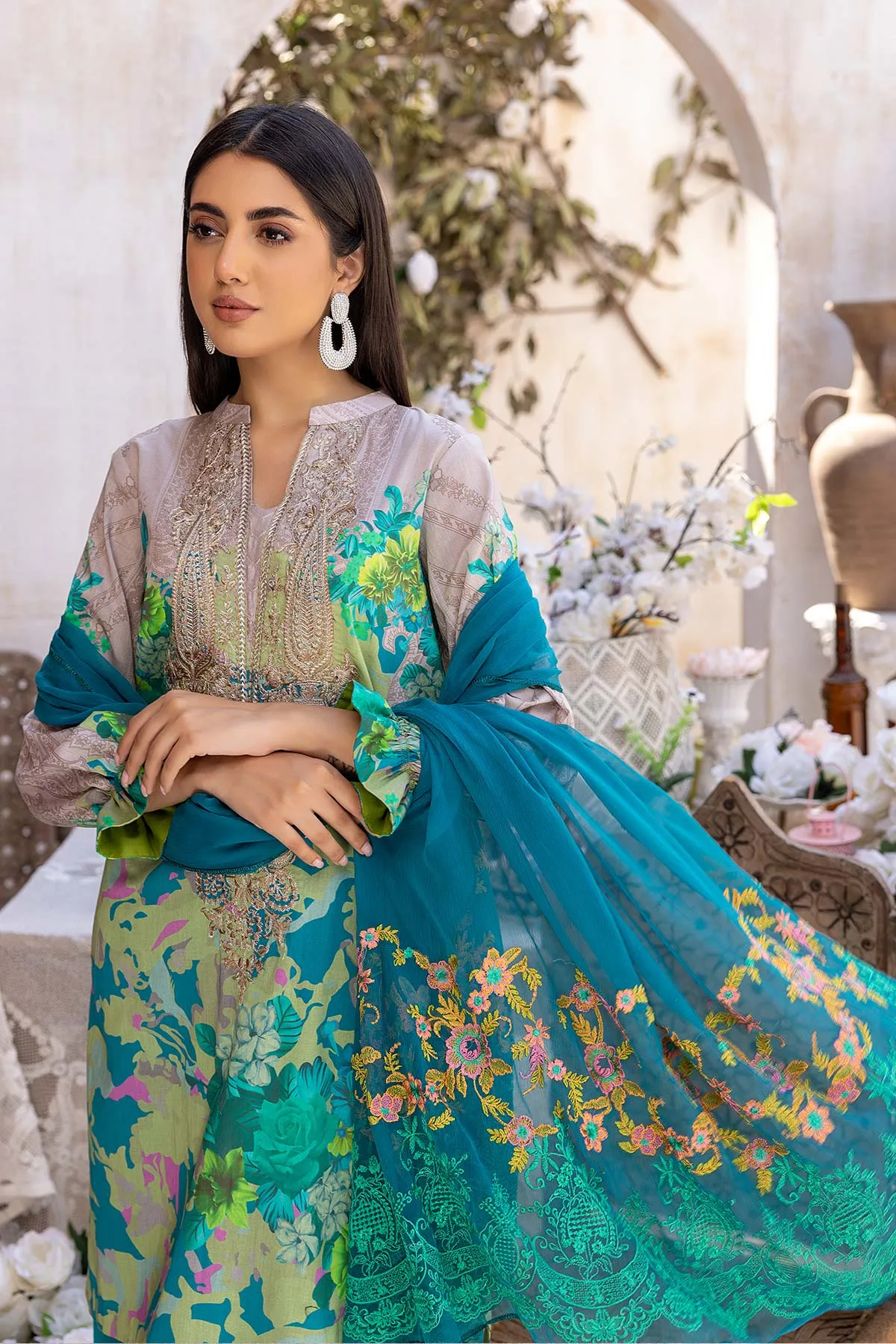 Unstitched Printed Lawn Shirt with Embroidered Chiffon Dupatta and Trouser