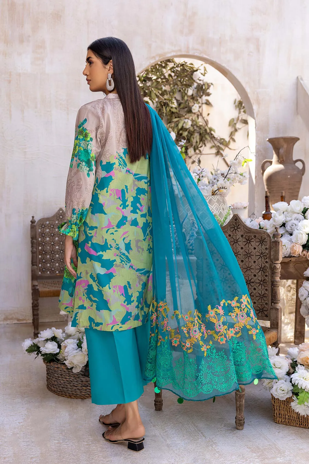 Unstitched Printed Lawn Shirt with Embroidered Chiffon Dupatta and Trouser