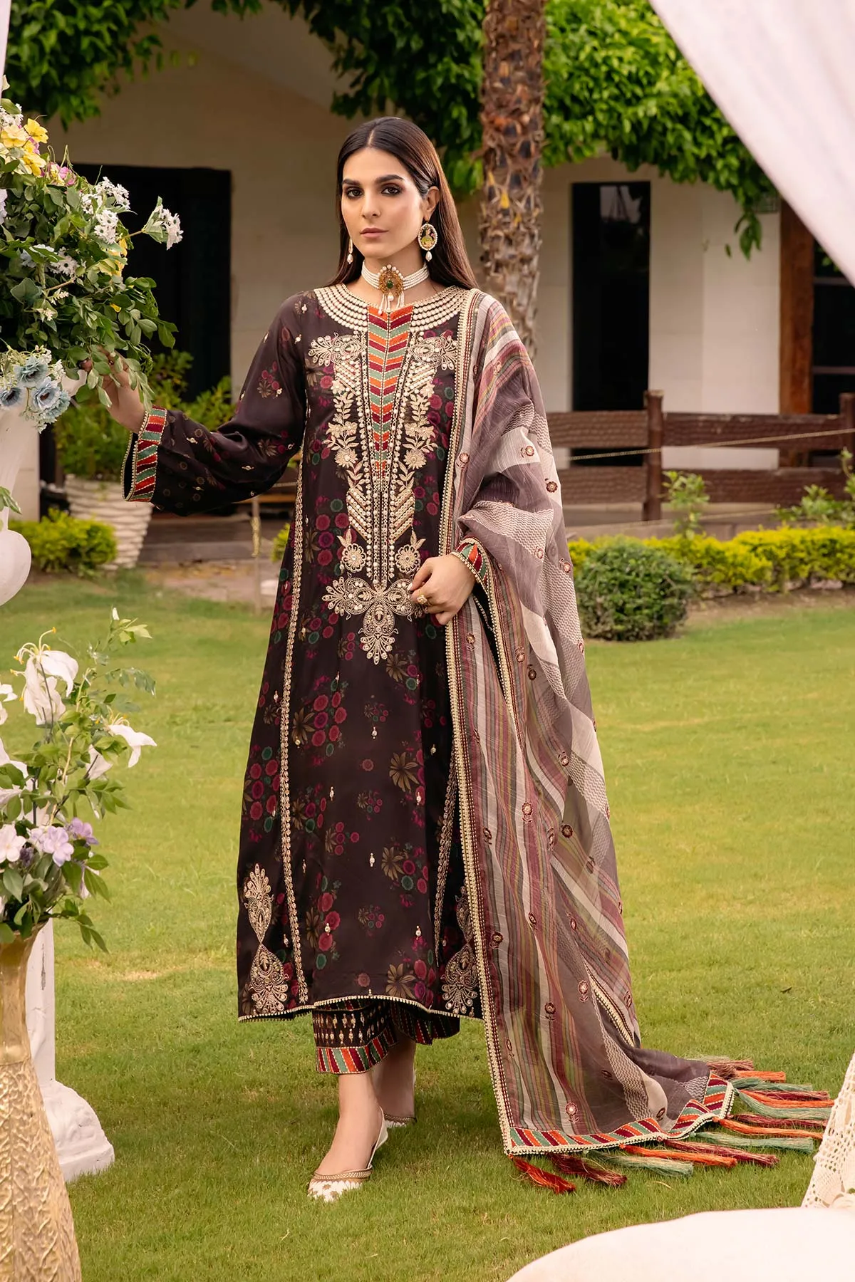 Embroidered Raw Silk Shirt Set With Organza Duppata and Qlot Trouser