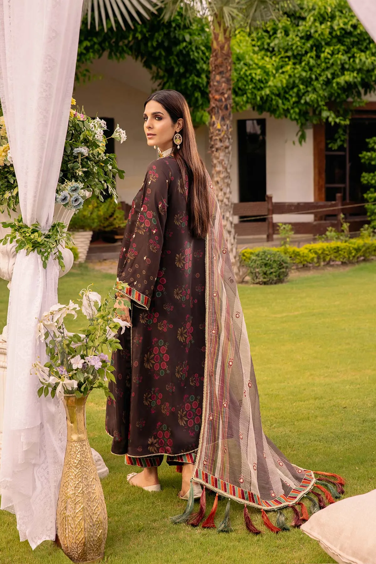 Embroidered Raw Silk Shirt Set With Organza Duppata and Qlot Trouser