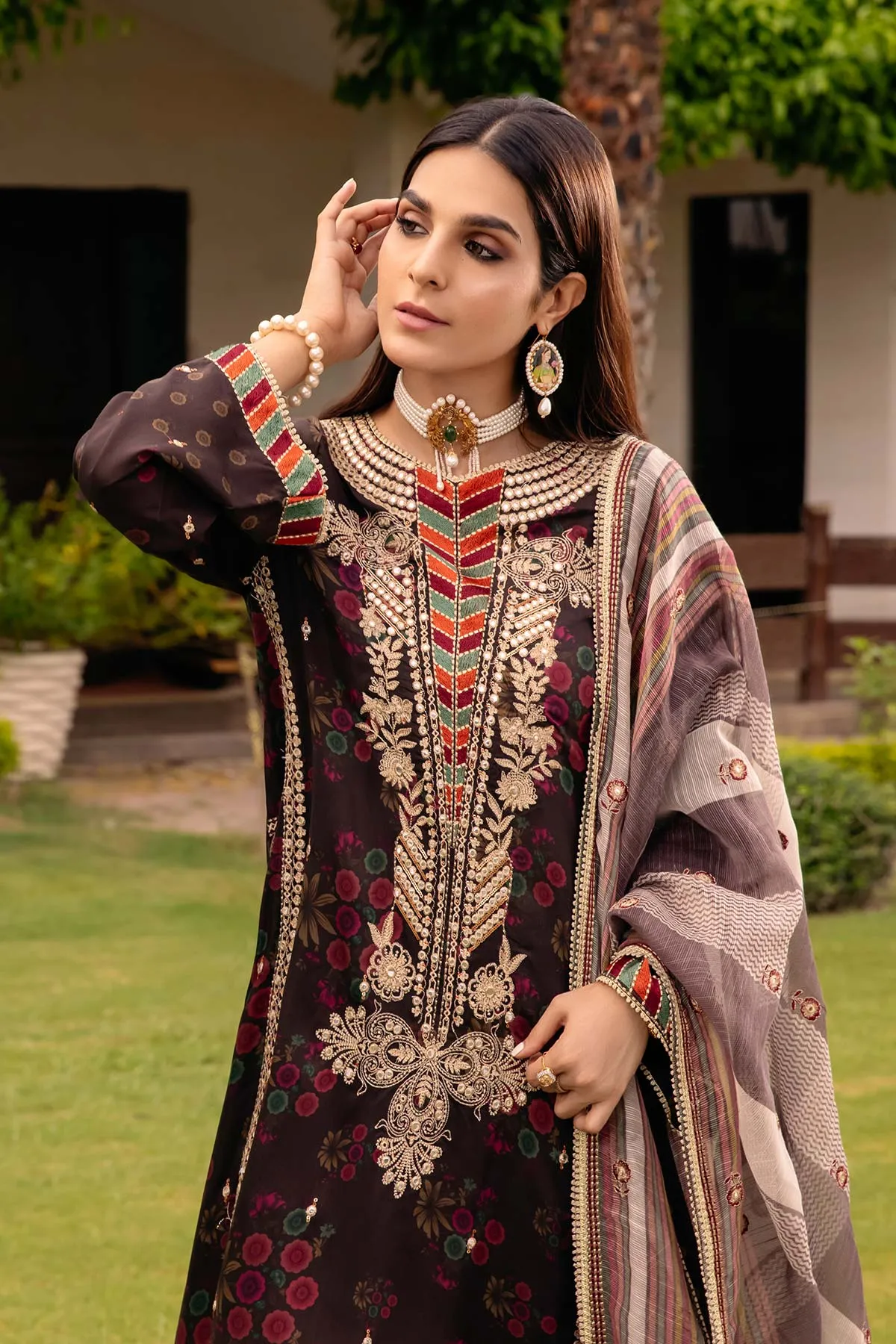 Embroidered Raw Silk Shirt Set With Organza Duppata and Qlot Trouser