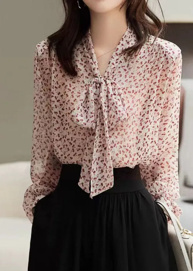 Chic Red Bow Print Long Sleeve Silk Blouse