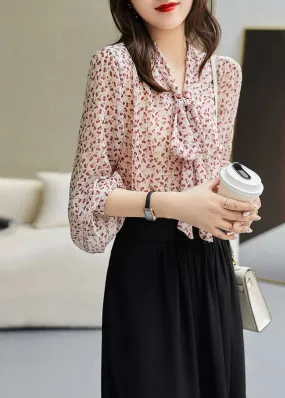 Chic Red Bow Print Long Sleeve Silk Blouse