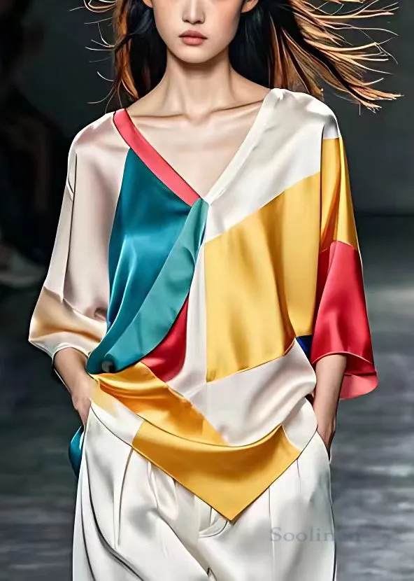 Stylish V Neck Patchwork Silk Tops with Bracelet Sleeve