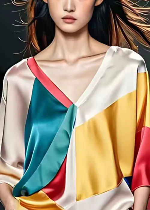 Stylish V Neck Patchwork Silk Tops with Bracelet Sleeve