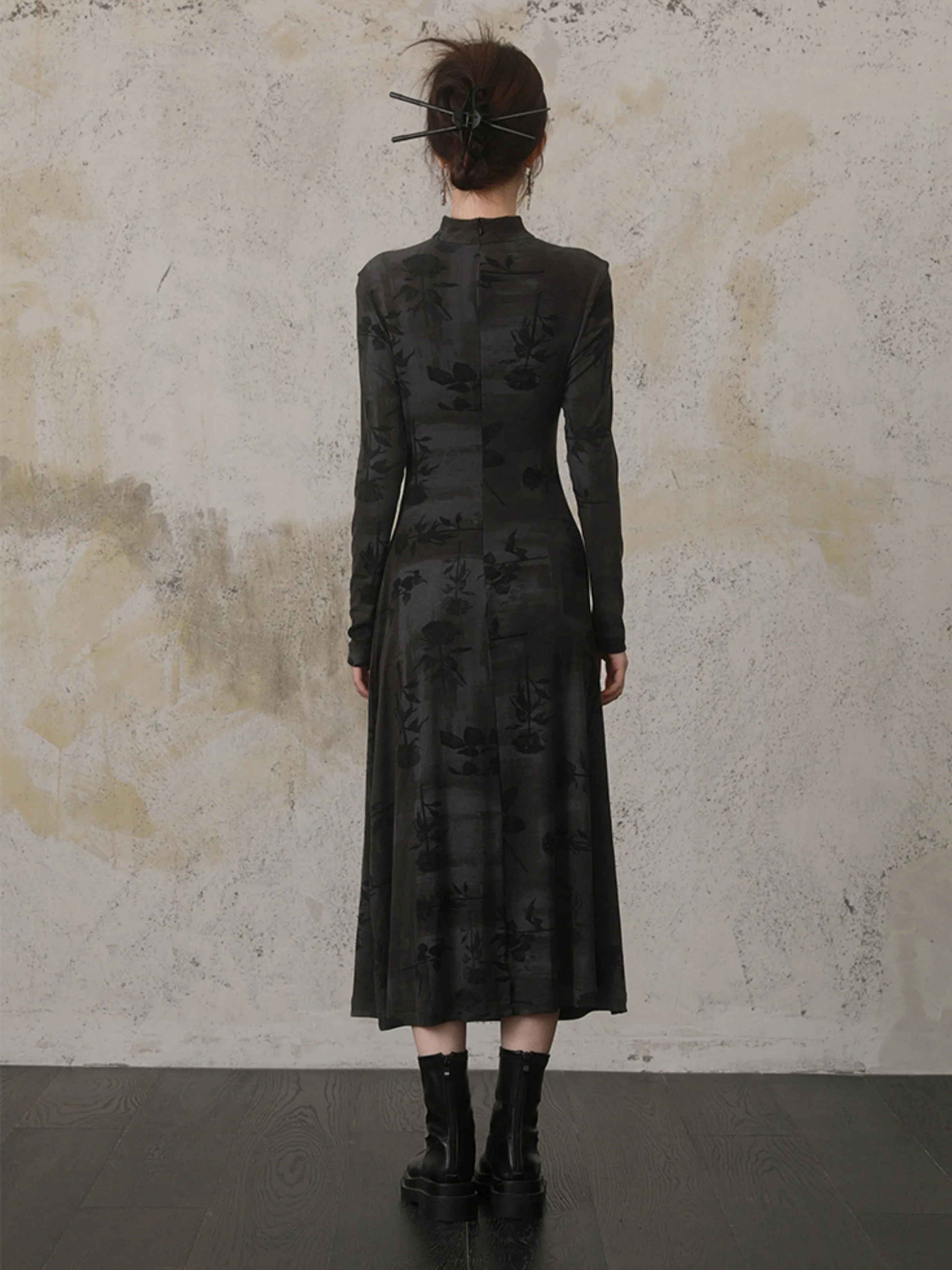 Chinese Style Printing Slim Long-sleeved Dress