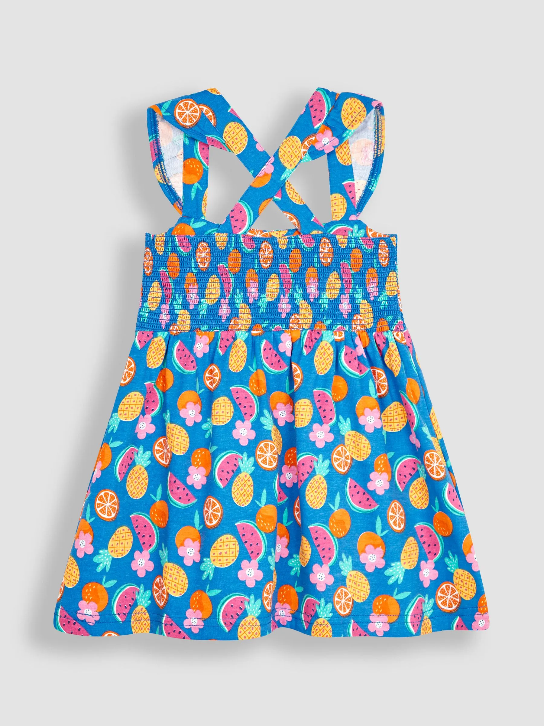Cobalt Blue Summer Fruits Cross Back Smocked Jersey Dress