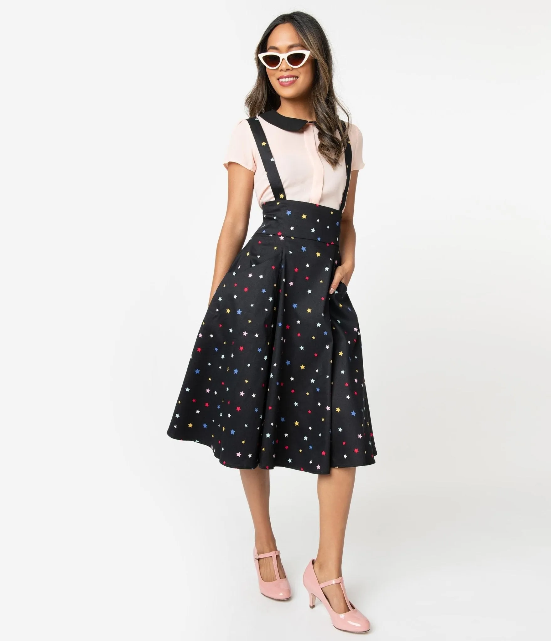 Alexa Suspender Swing Black & Multicolor Stars Skirt