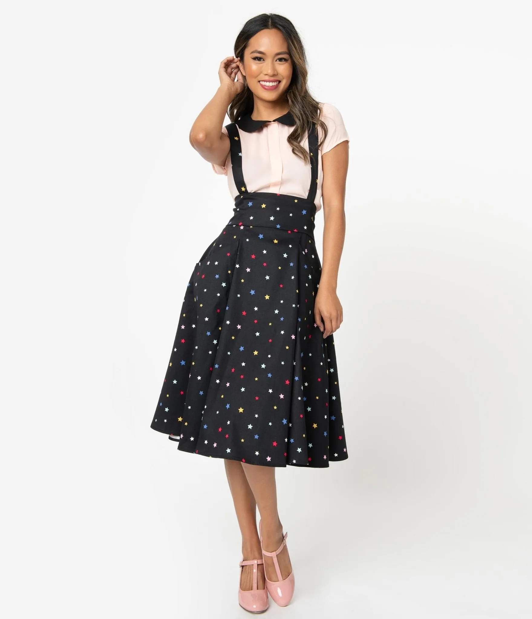 Alexa Suspender Swing Black & Multicolor Stars Skirt