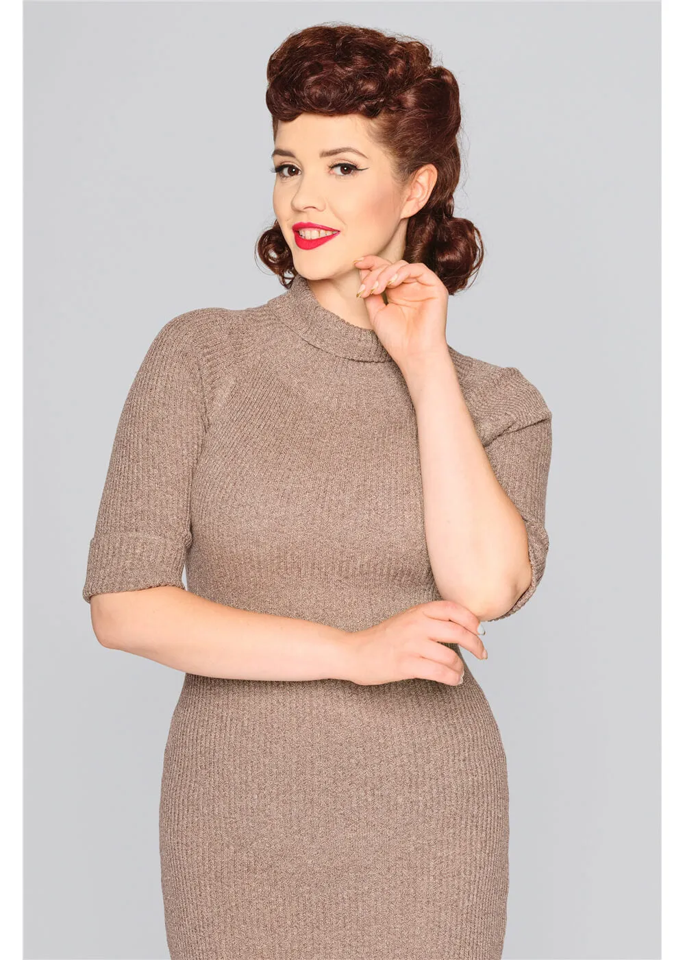 Knitted 60's Pencil Dress in Brown by Collectif Olive Marl