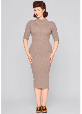 Knitted 60's Pencil Dress in Brown by Collectif Olive Marl