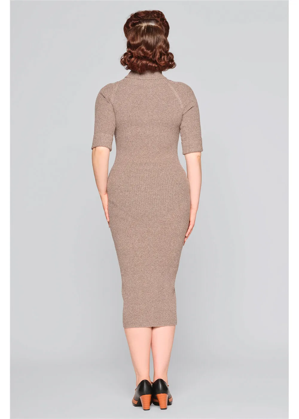 Knitted 60's Pencil Dress in Brown by Collectif Olive Marl