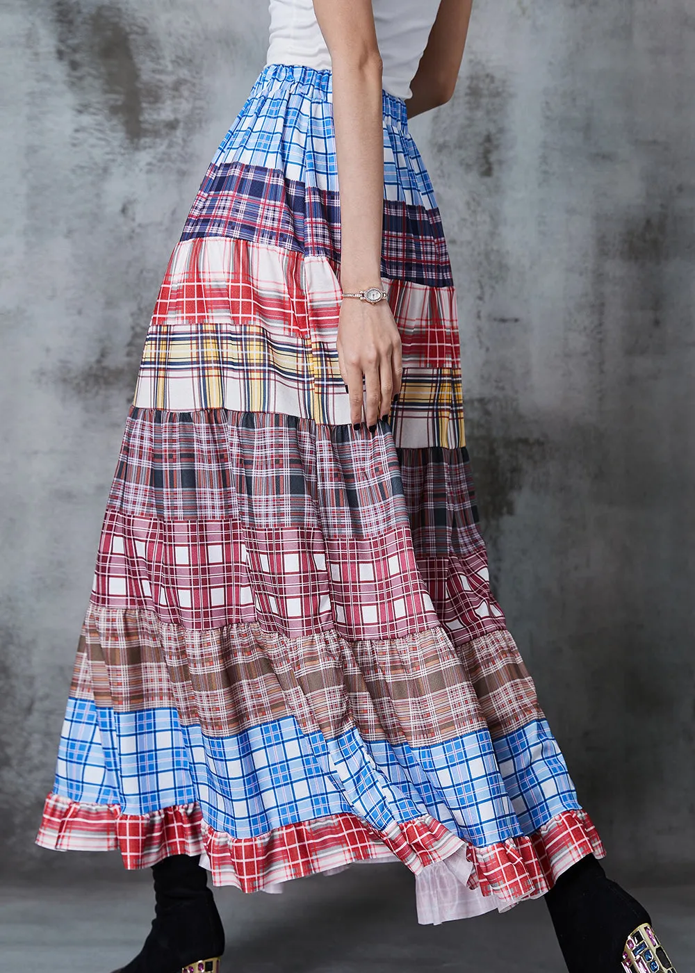 Plaid Extra Large Hem Summer Colorblock Patchwork Cotton Skirts